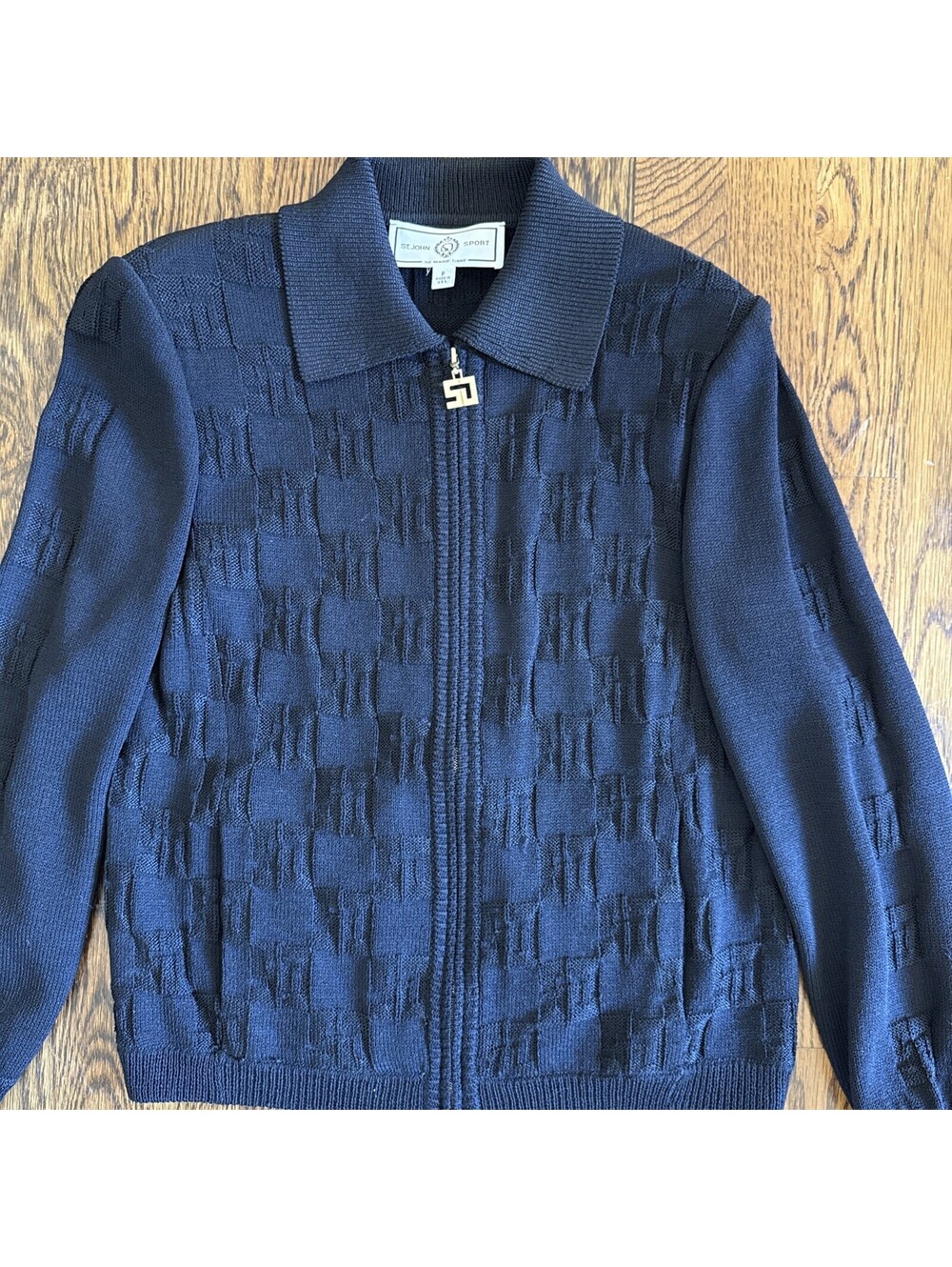 VTG St. John Sport by Marie Gray Black Textured Knit Zip Front Jacket Sweater